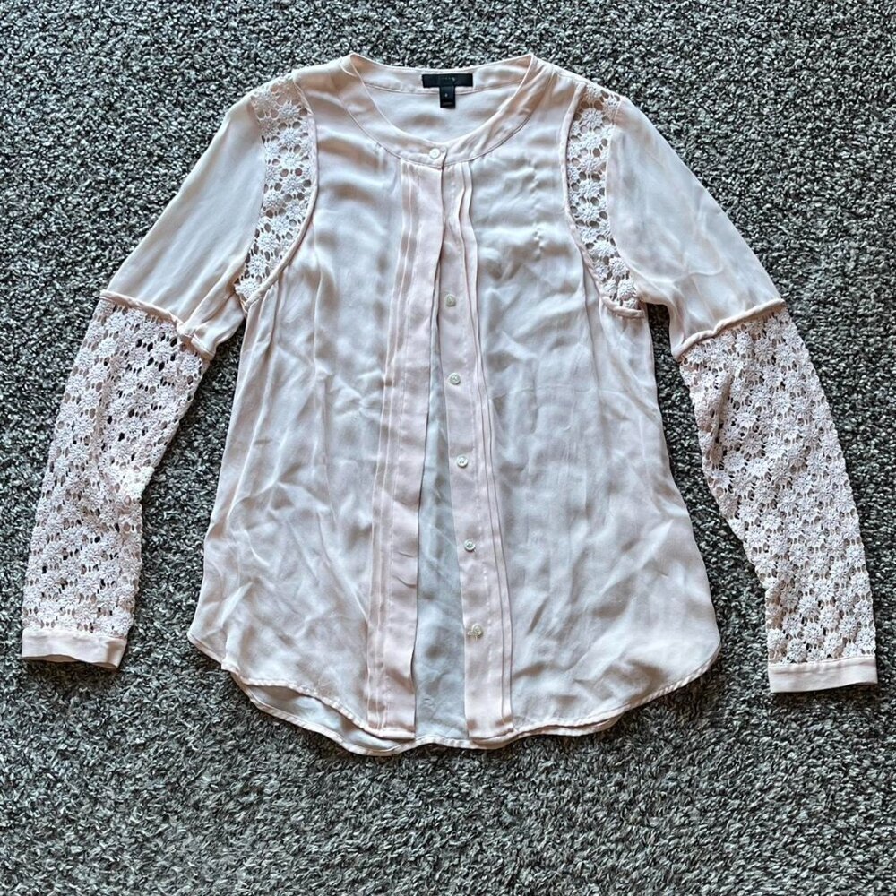 Jcrew Light Pink Blouse Womens 0 Silk & Lace Sleeves Fairycore Coquette Flowy